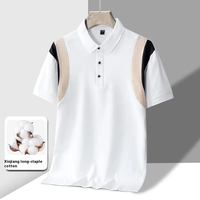 Men's grey striped cotton t-shirt with a lapel collar and loose fit on a hanger.