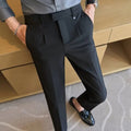 High waist straight double pleated casual suit pants in black and gray, polyester fibre, women size 28-38