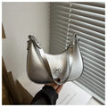 Women's underarm small shoulder bag in dumpling shape, shown in one of six colours: white, black, pink, khaki, brown, or silver.