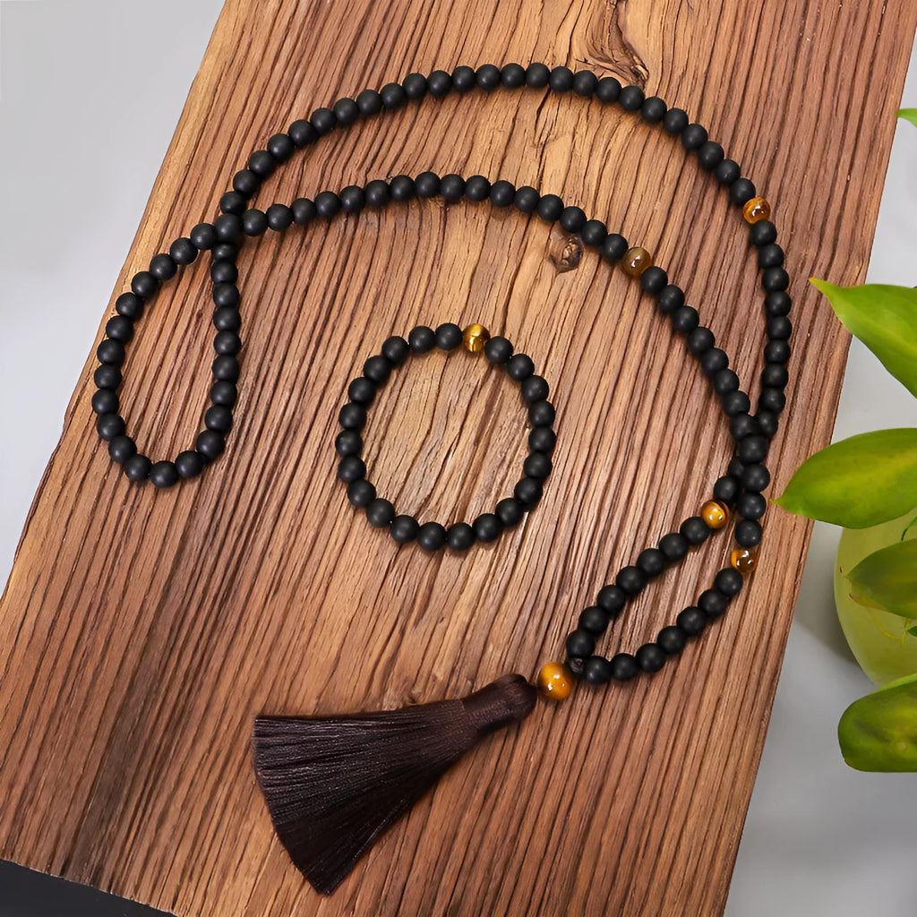 Tigereye stone beaded necklace and bracelet set with drop pendant and tassel detail