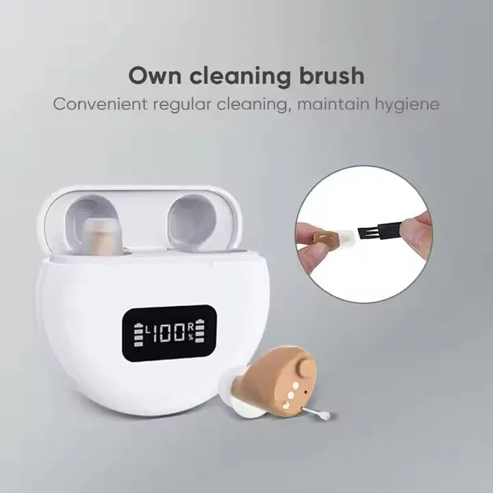 Skin colour 16-channel digital hearing aid with USB power and 12+ hour battery life