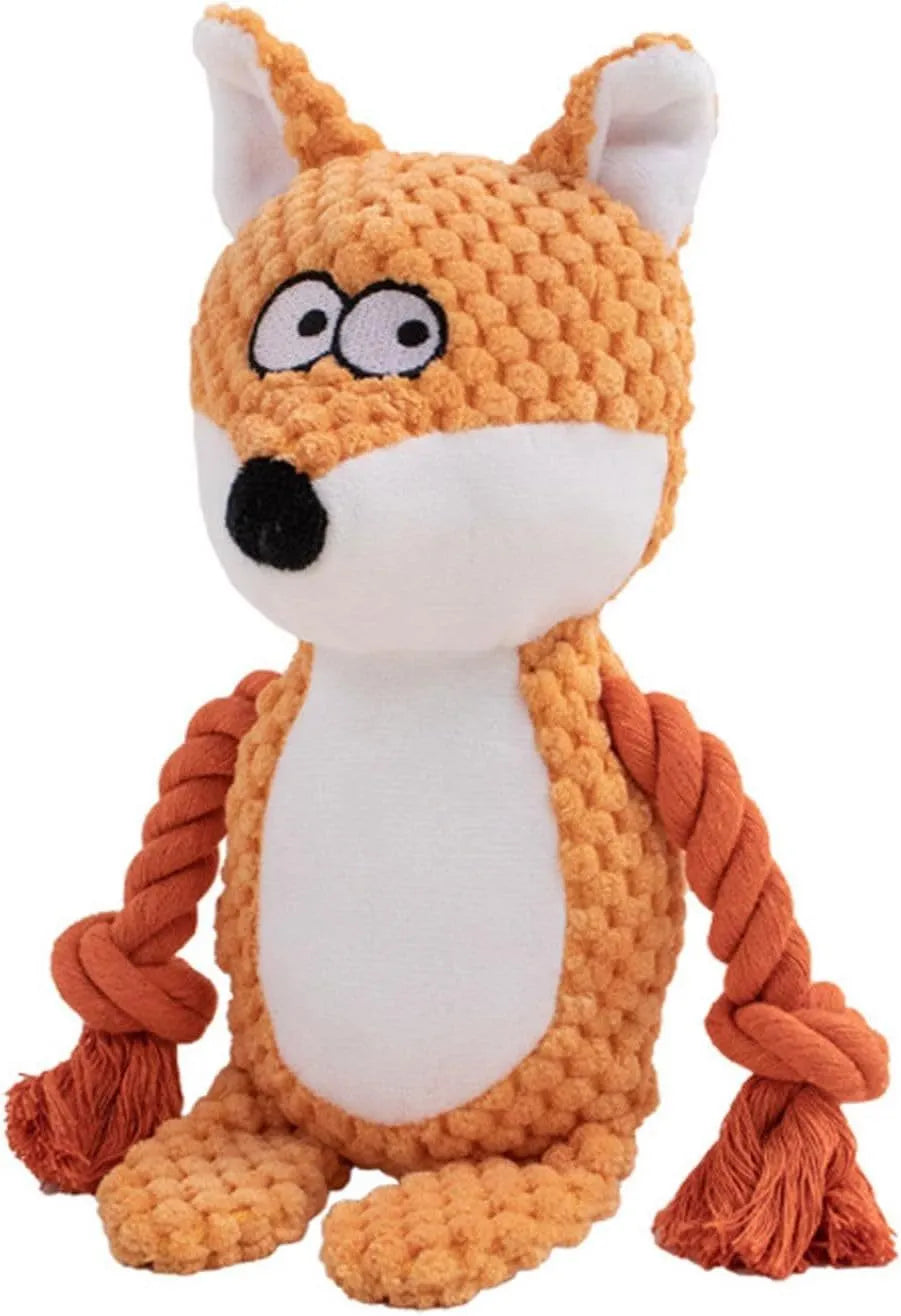 Plush animal dog toy with cotton rope, shown in elephant, fox, monkey, pig, and rabbit designs.