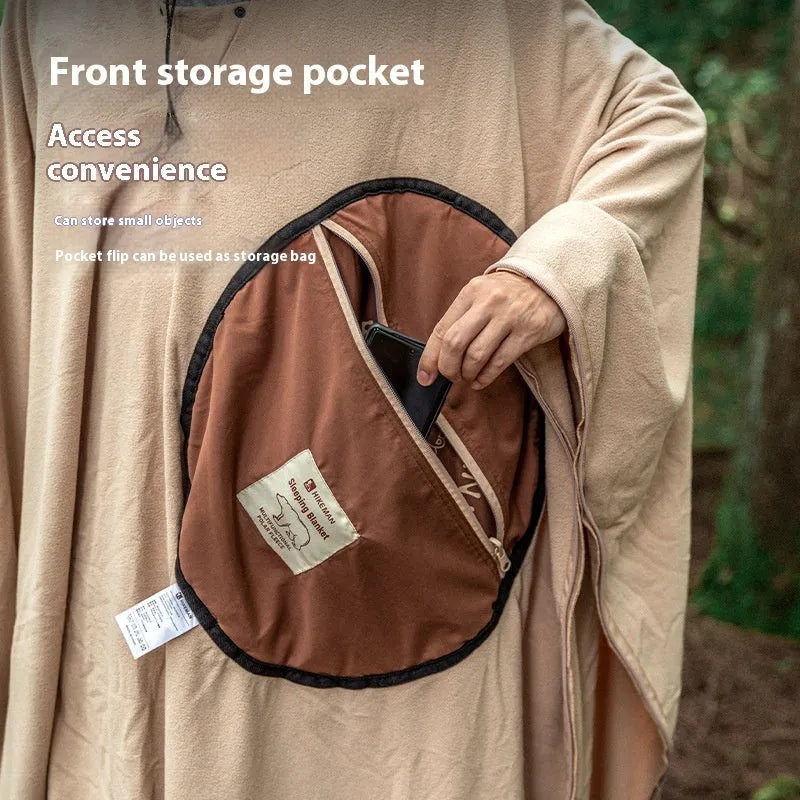 Multi-purpose polar fleece cloak sleeping bag in Army Green shown worn as a cape with hood