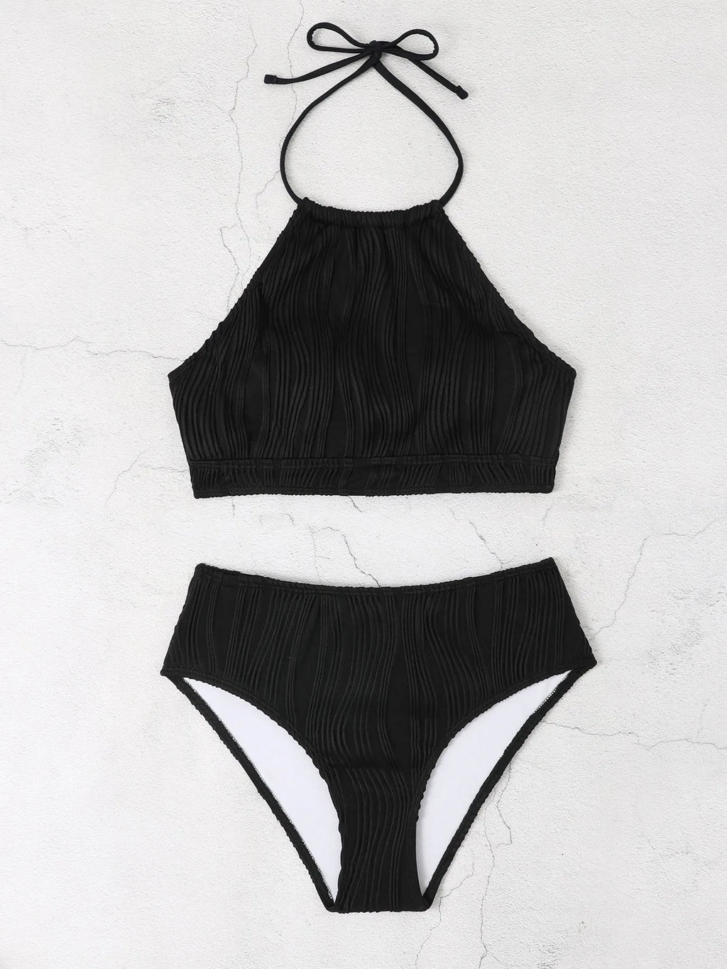 Women's high waist conservative swimsuit bikini set in polyester fabric for swimming