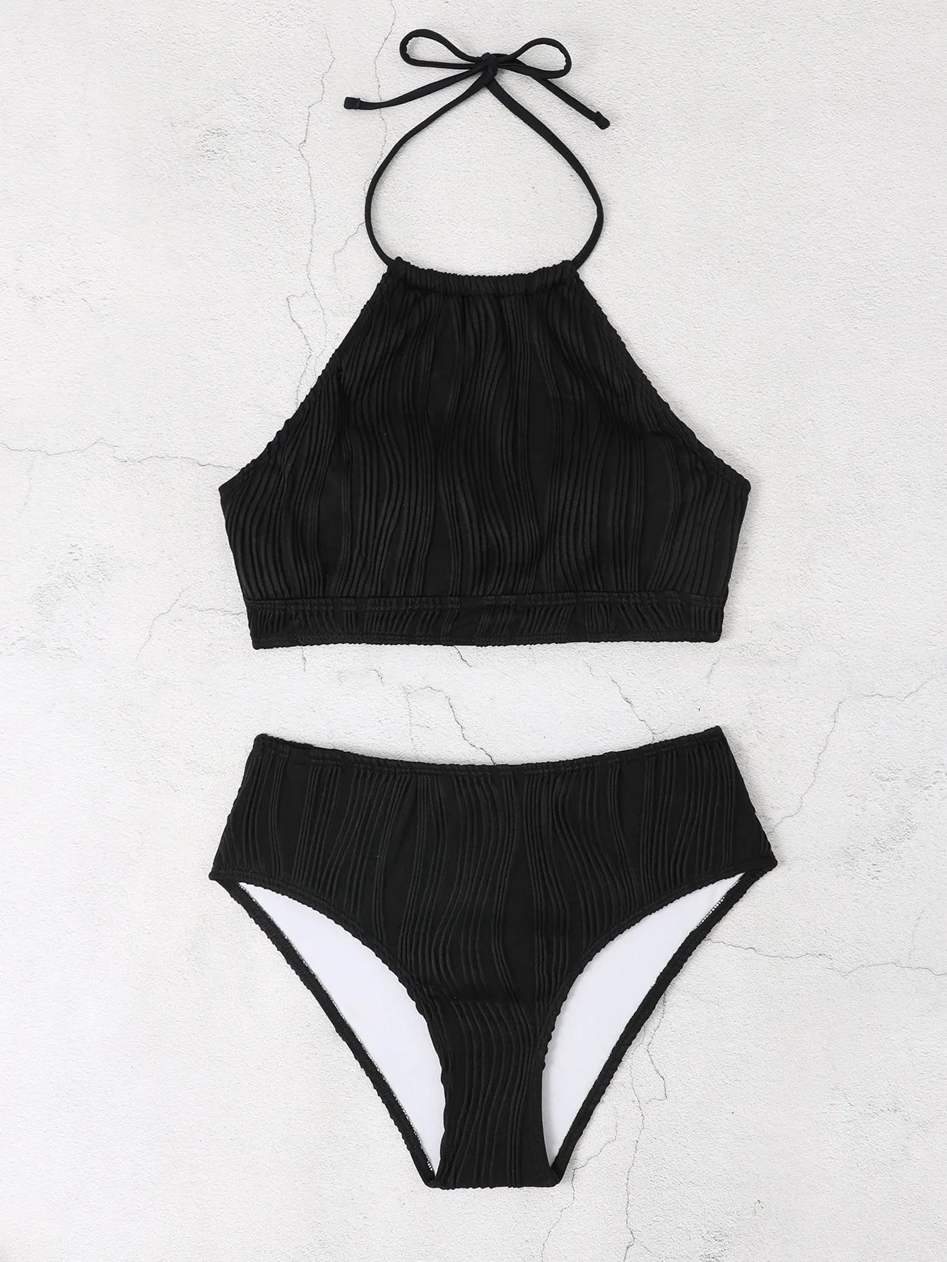 Women's high waist conservative swimsuit bikini set in polyester fabric for swimming