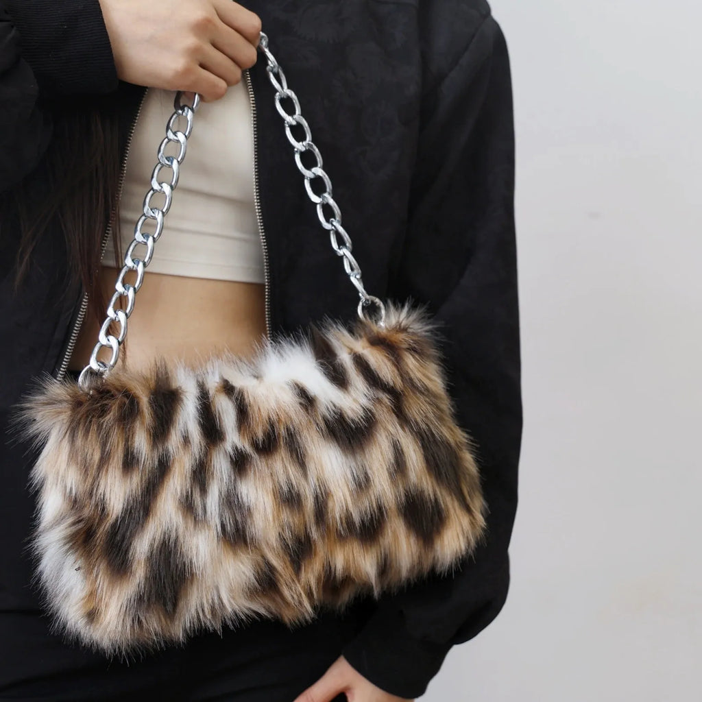 Soft plush underarm shoulder chain bag 28x8x40cm in white leopard print