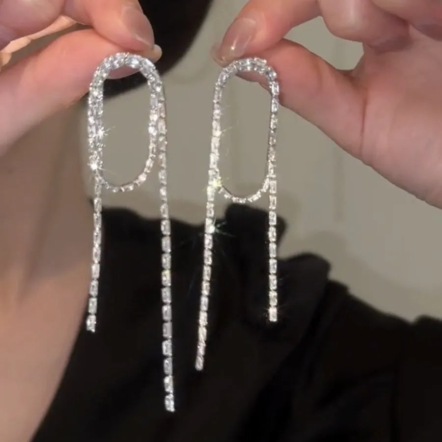 Silver knotted zircon long tassel ear studs for women geometric shape copper electroplated