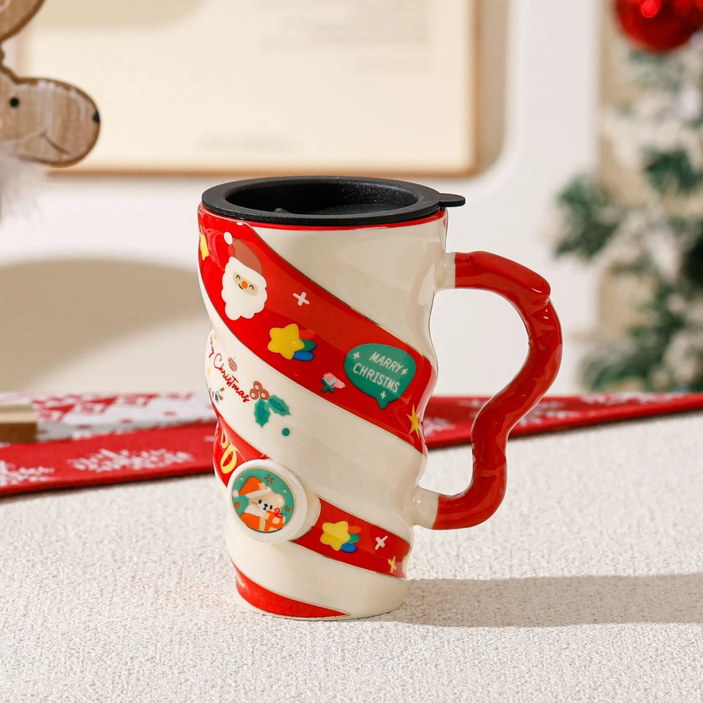 Christmas couple ceramic mug with cartoon pattern, 401-500ml capacity, household cup set