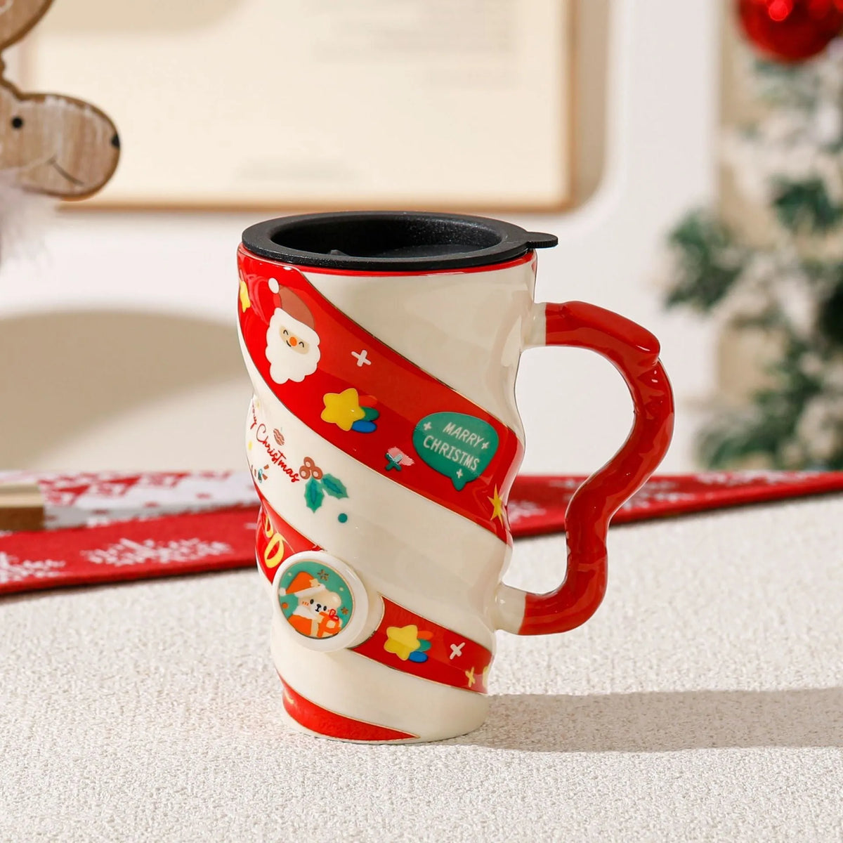 Christmas couple ceramic mug with cartoon pattern, 401-500ml capacity, household cup set