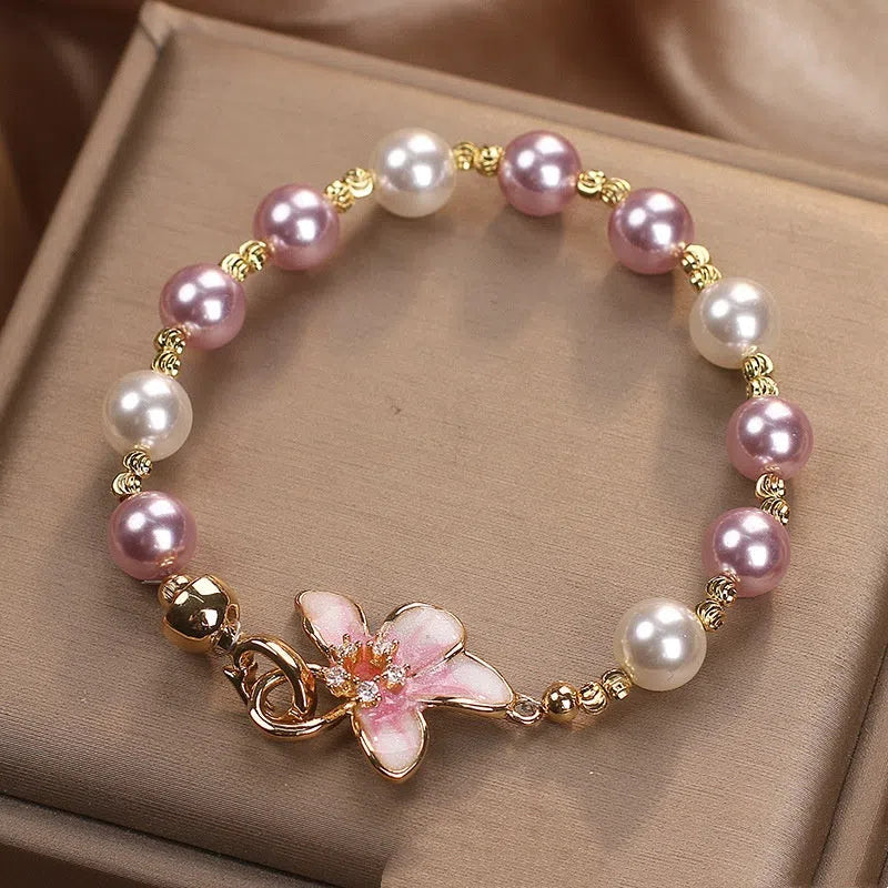 New Chinese style wisteria flower bracelet in pink imitation pearl for women