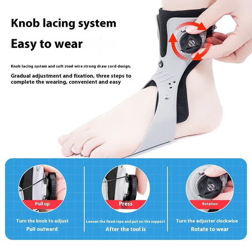 Grey ankle support brace with airbag button fastener shown on a left foot