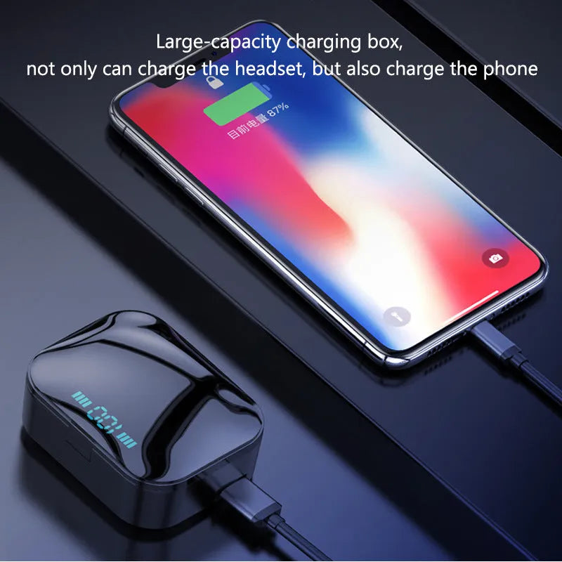 X7LED black wireless Bluetooth sports earbuds with charging case showing LED display