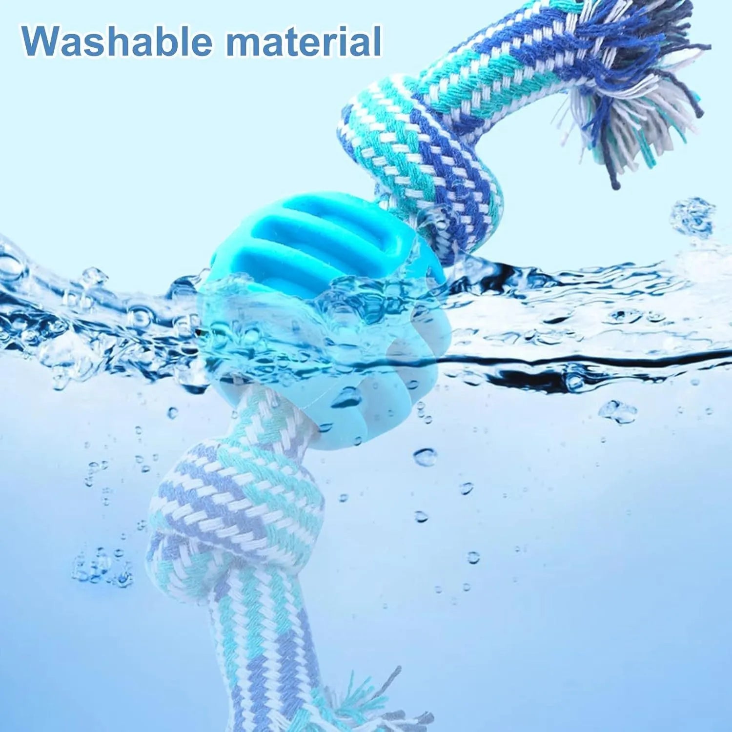 Blue soft dog chew toy with integrated rope for dental care and oral health.
