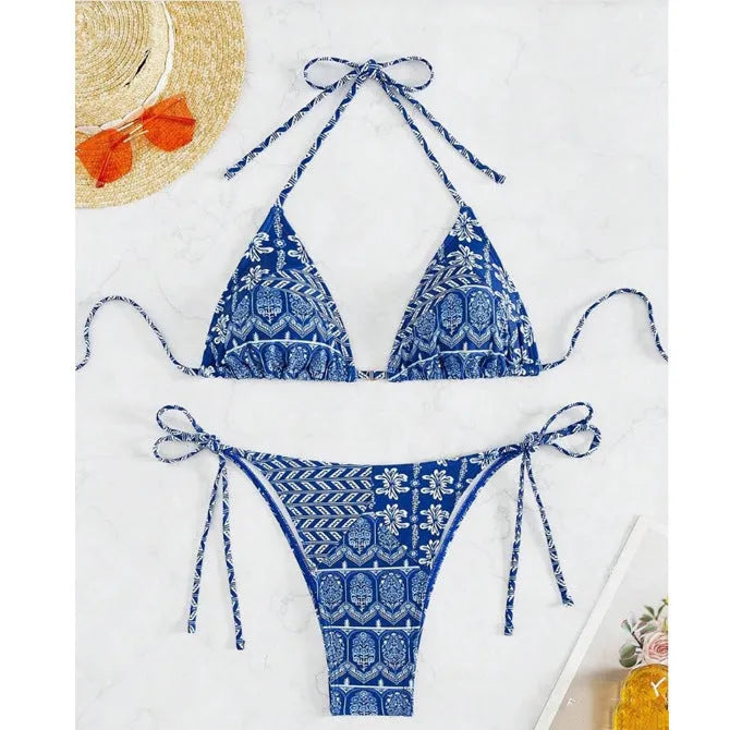 Women's split bikini bandage swimsuit in polyester fabric with printing stitching details