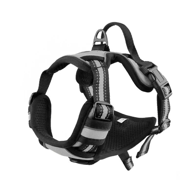 Adjustable dog chest harness in Oxford cloth, shown in multiple colours including red, blue, and black.