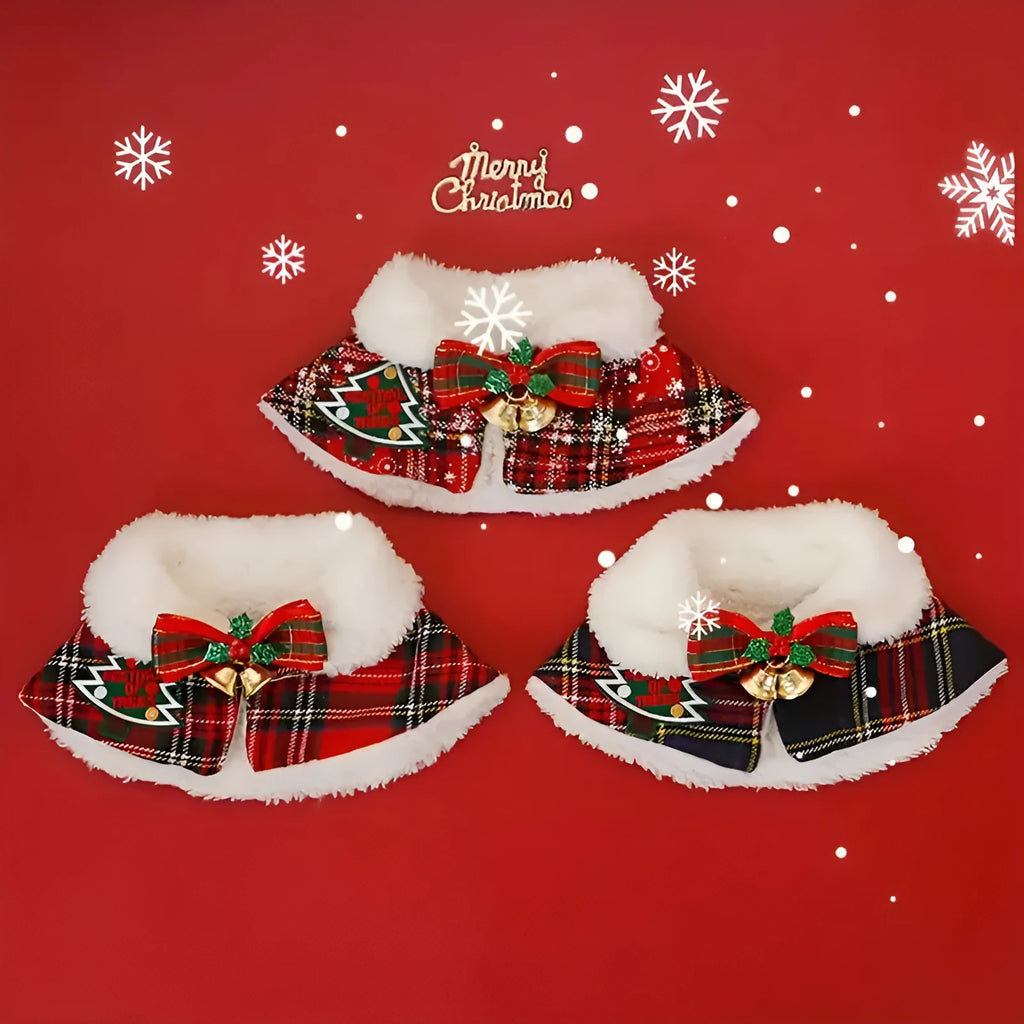 Red festive dog scarf with bell pattern tied around a pet's neck for Christmas.