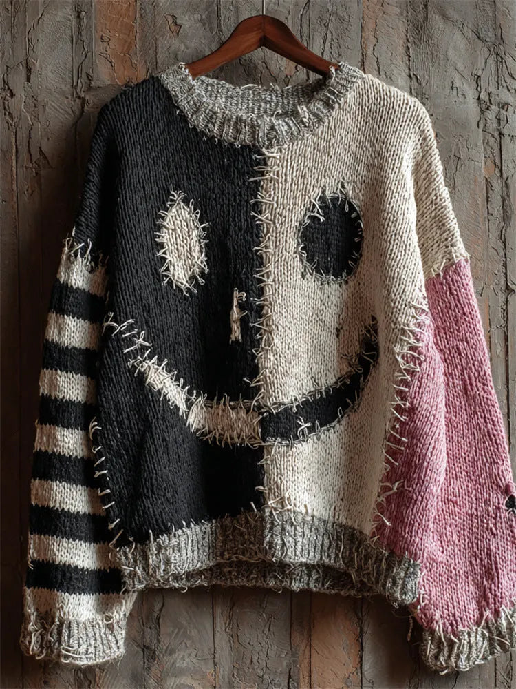 Digital printed women's pullover sweater in loose fit with 3D pattern, round neck, and long sleeves