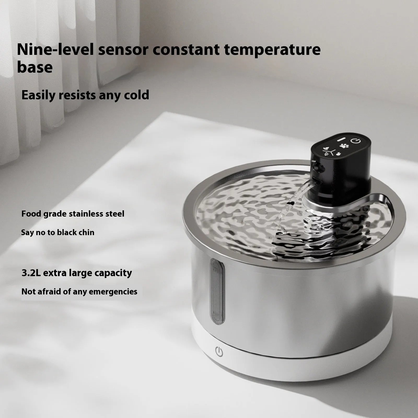 Stainless steel cat water fountain with white heating base and control panel.