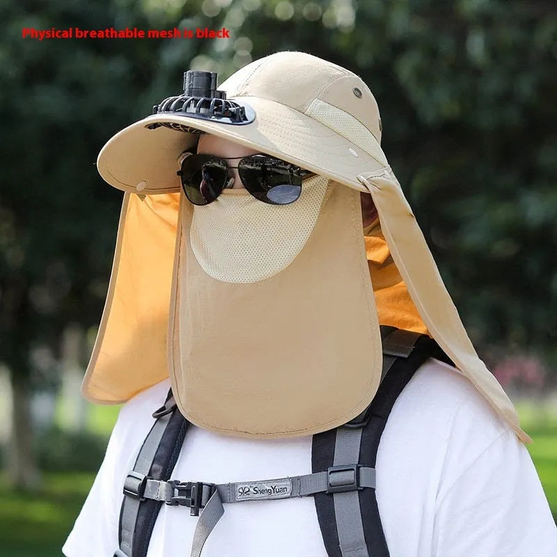Men's sun protection hat with USB fan and face covering shawl in khaki colour for outdoor activities