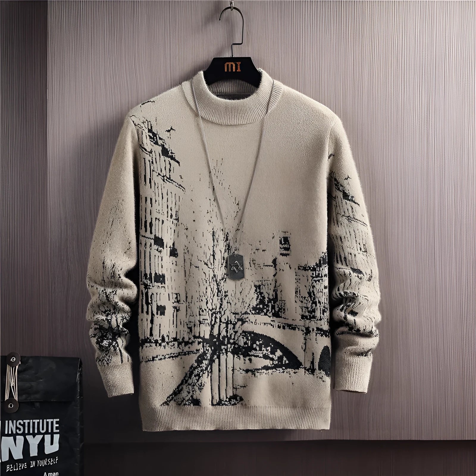 Autumn winter thick mink velvet round neck long sleeve pullover sweater in gray with slim fit and printed details for women