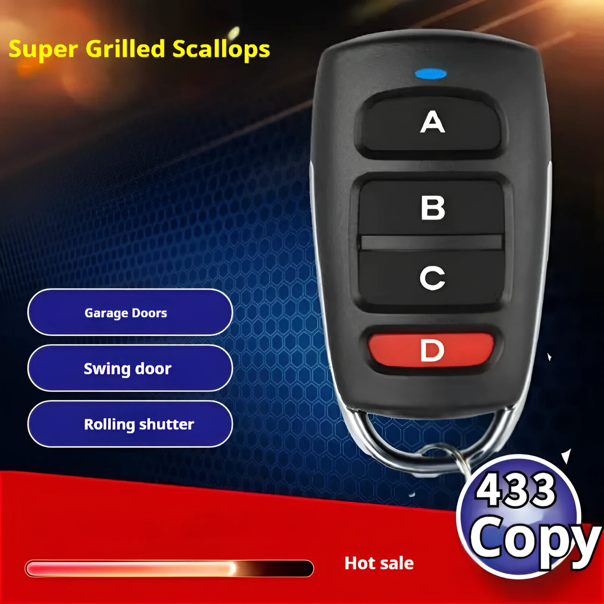 Clone remote control garage door key 433MHz with ABCD or unlock button, 65x35.8x16mm, 100m range