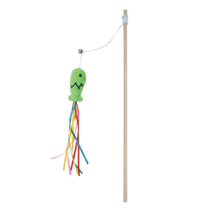 Cat wand toy with catnip fish, colourful ribbons and bell on natural wooden handle