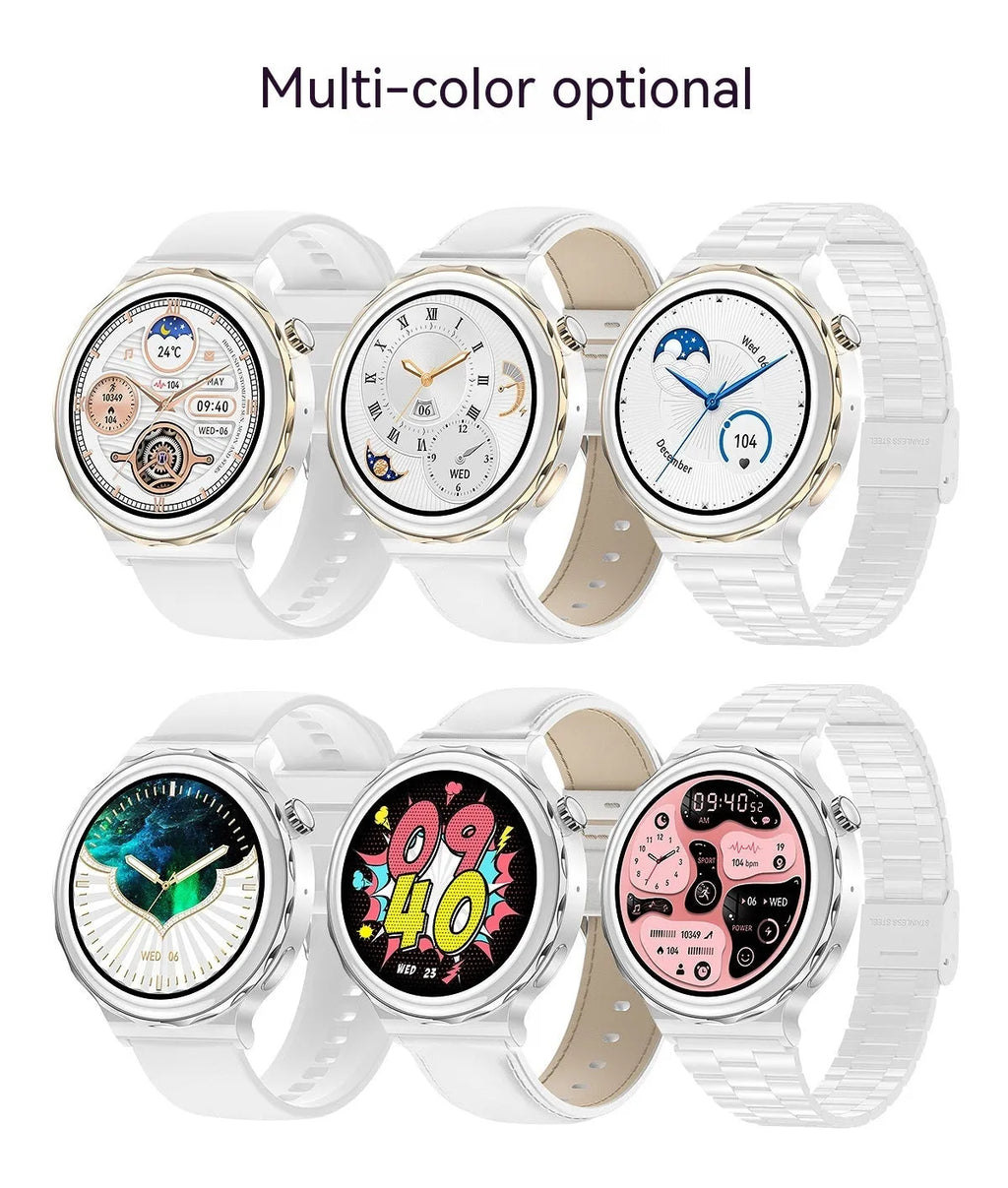 HK43 women's smart watch with gold case and white leather band, side view showing touch screen and crown button