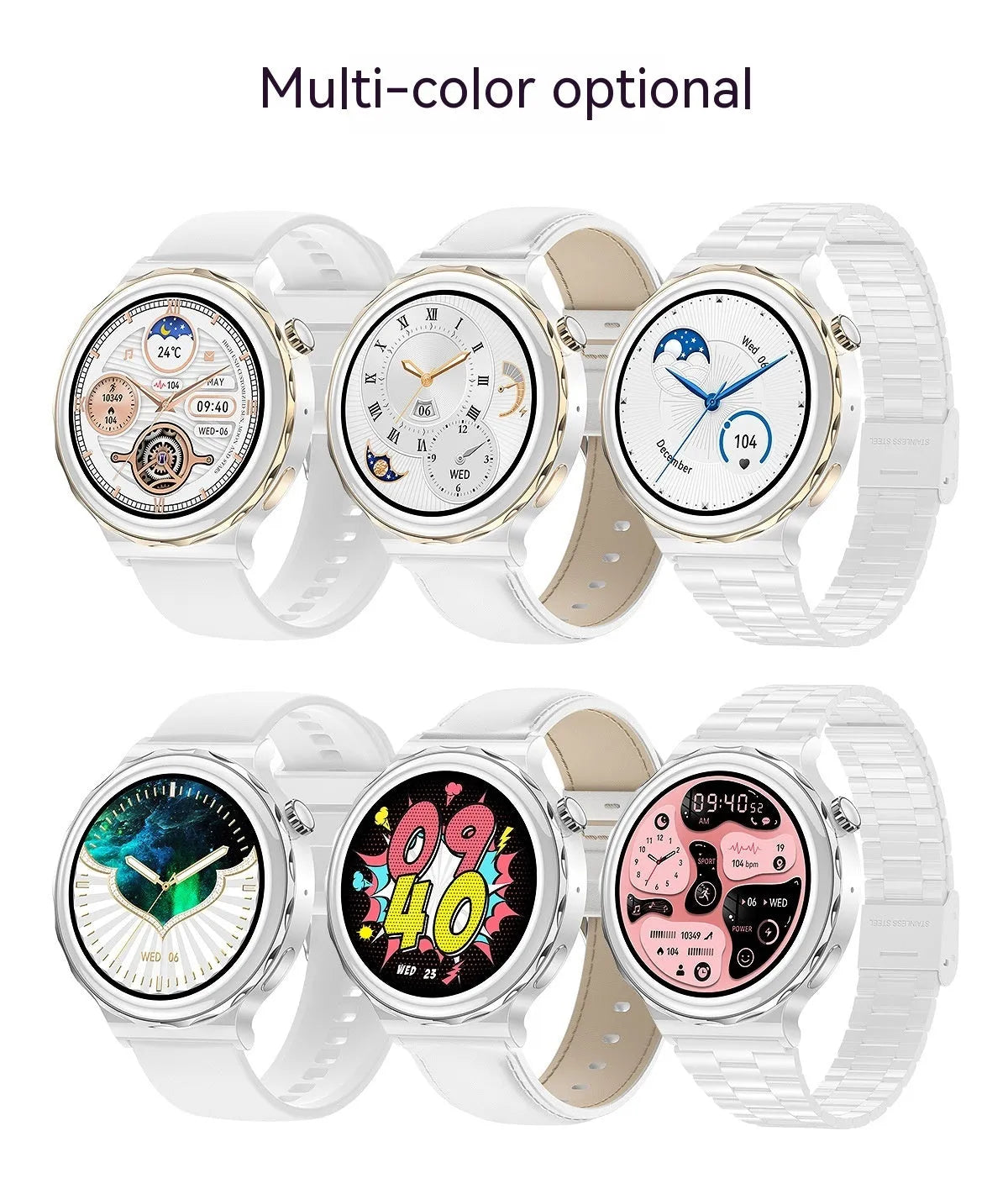 HK43 women's smart watch with gold case and white leather band, side view showing touch screen and crown button