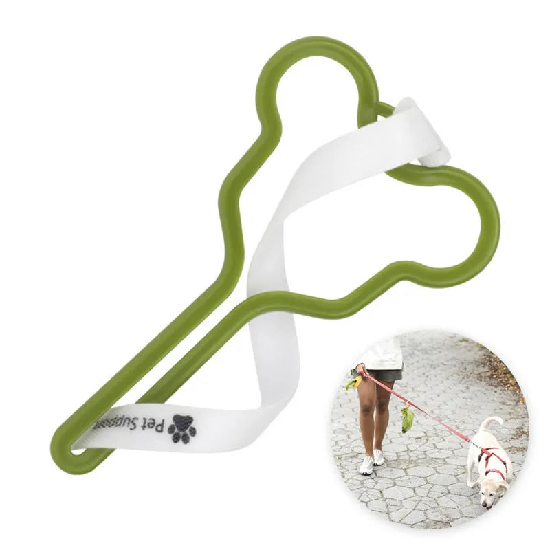 Dog poop bag holder with clip and velcro strap for leash attachment.