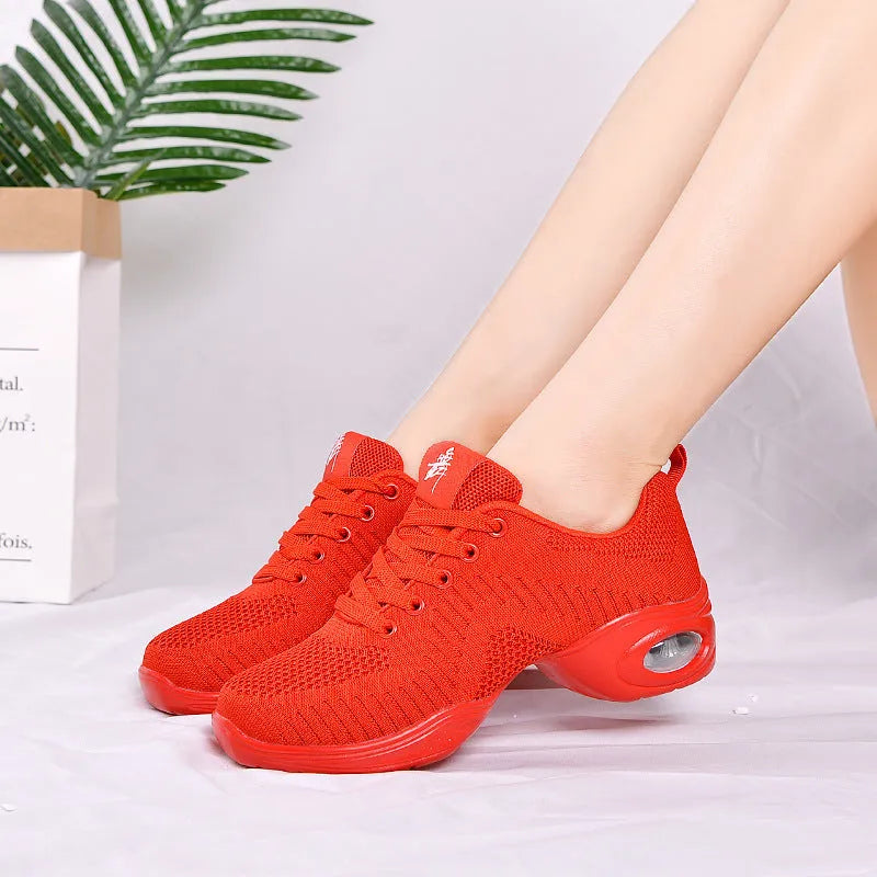 Women's breathable Flyknit mesh dance shoes in multiple colours with a soft PU sole.
