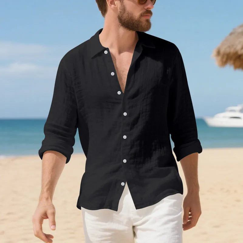 Man wearing a loose-fit light blue linen casual shirt with a non-iron finish, buttoned front, and classic collar.