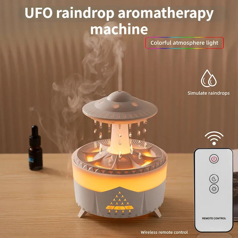 White UFO-shaped cloud humidifier with mist and soft blue night light on a wooden table