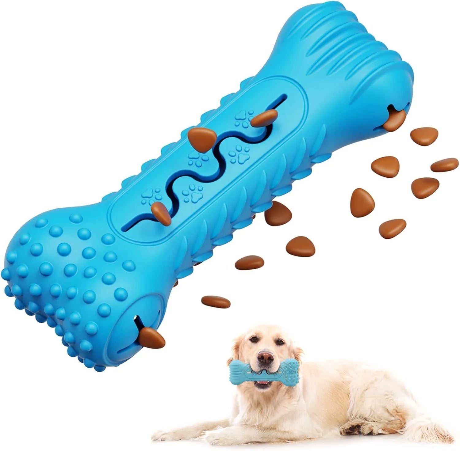 Blue natural rubber bone-shaped dog chew toy for aggressive chewers on a white background.