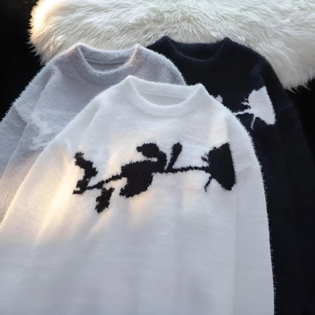 Men's dark grey sweater with a large white flocking horse pattern on the chest.
