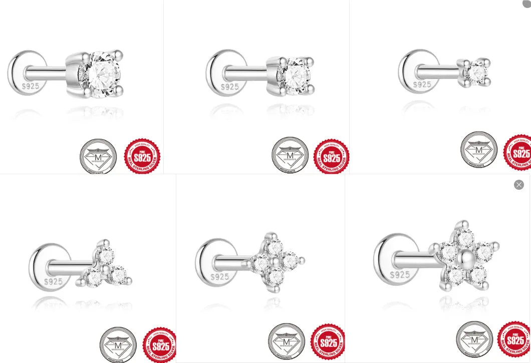 925 sterling silver geometric petal diamond stud earrings showing nose ring, triangle and circular styles