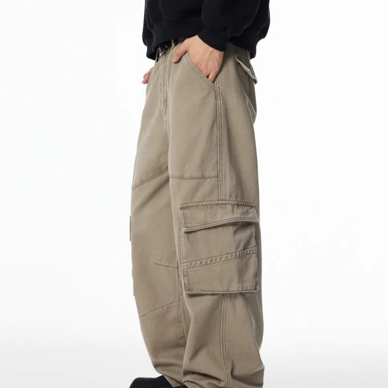Loose straight-leg cotton cargo pants with multi-pocket design, zip fly, Charcoal Gray or Khaki, sizes S to 2XL