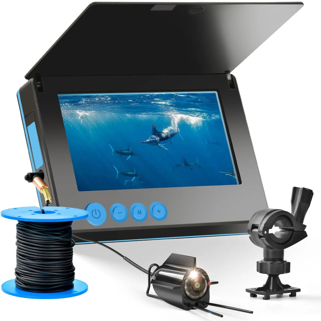 Underwater fish finder camera with 4.3-inch screen, wide-angle lens, and temperature sensor on a fishing boat.