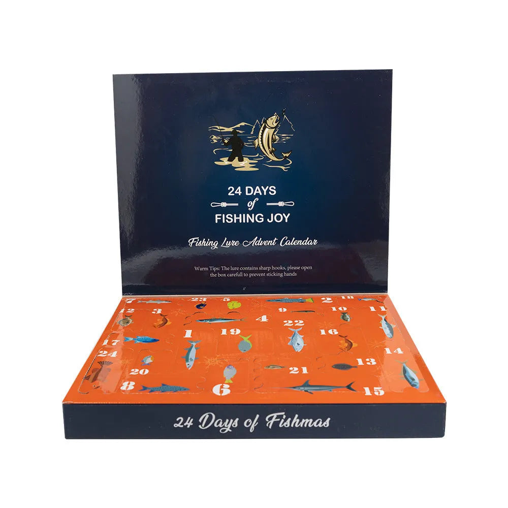 Blind box containing 24 metal Christmas Mino Bog fishing lures in a silver and red colour scheme