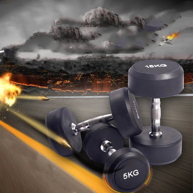 Black cast iron rubberized round head fitness dumbbell on a plain background