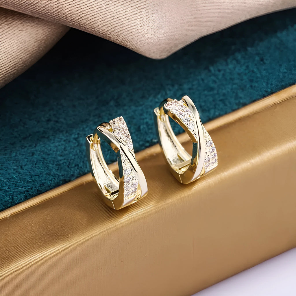 Geometric earrings with zircon embellishments in 14K yellow gold plating on copper