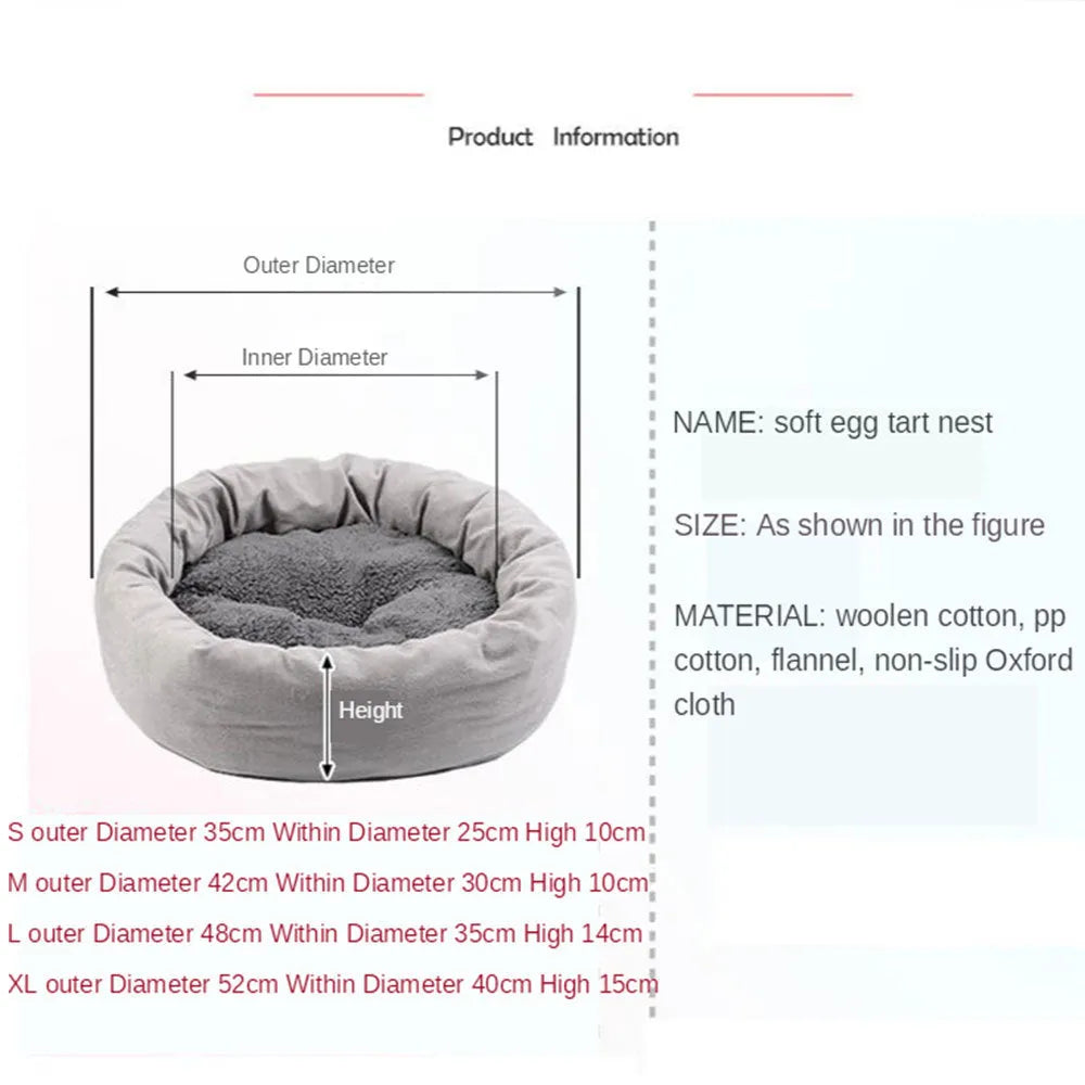 Grey round plush pet bed with removable pillow and non-slip base in four size options