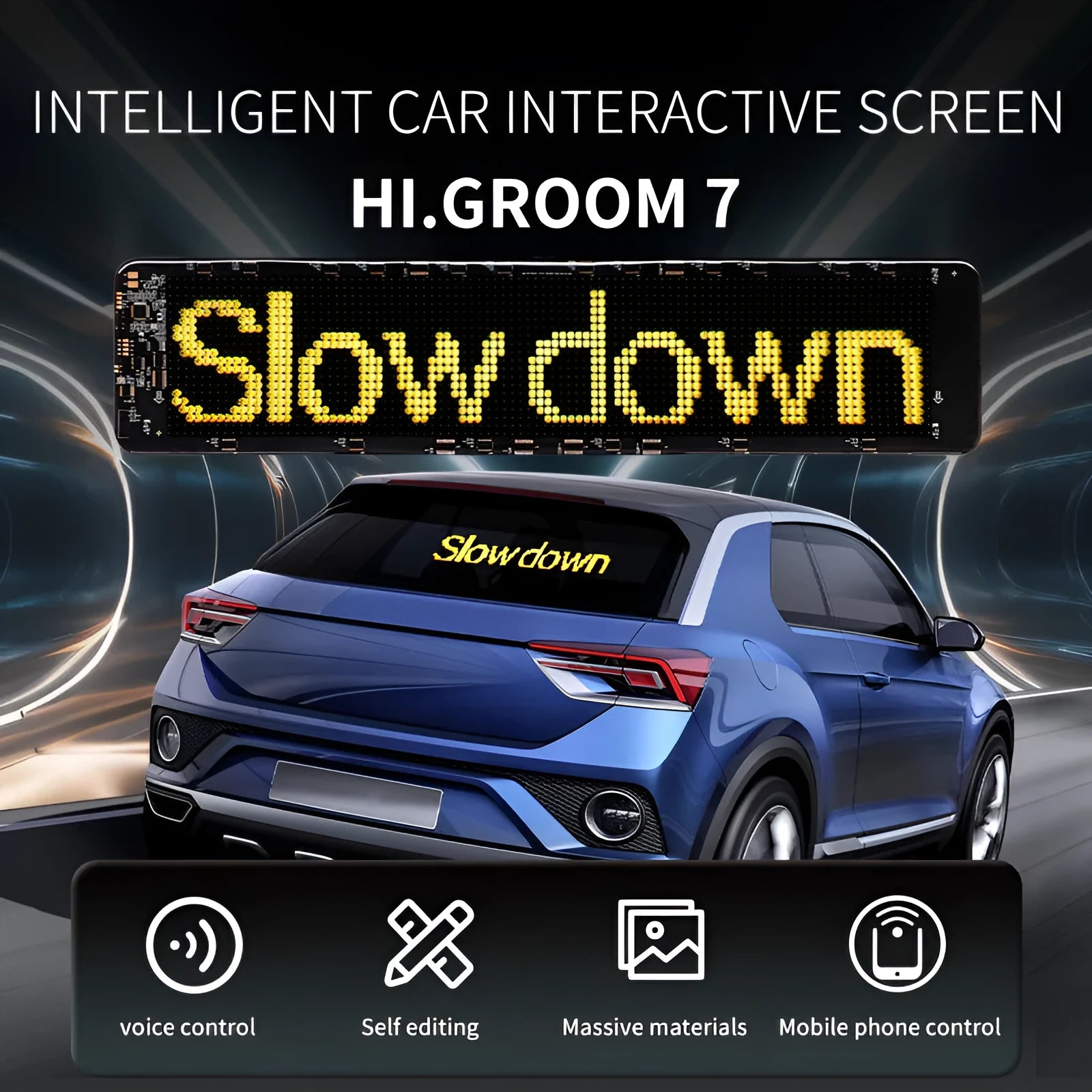 LED smart bumper sticker expression screen attached to mobile phone showing animated display