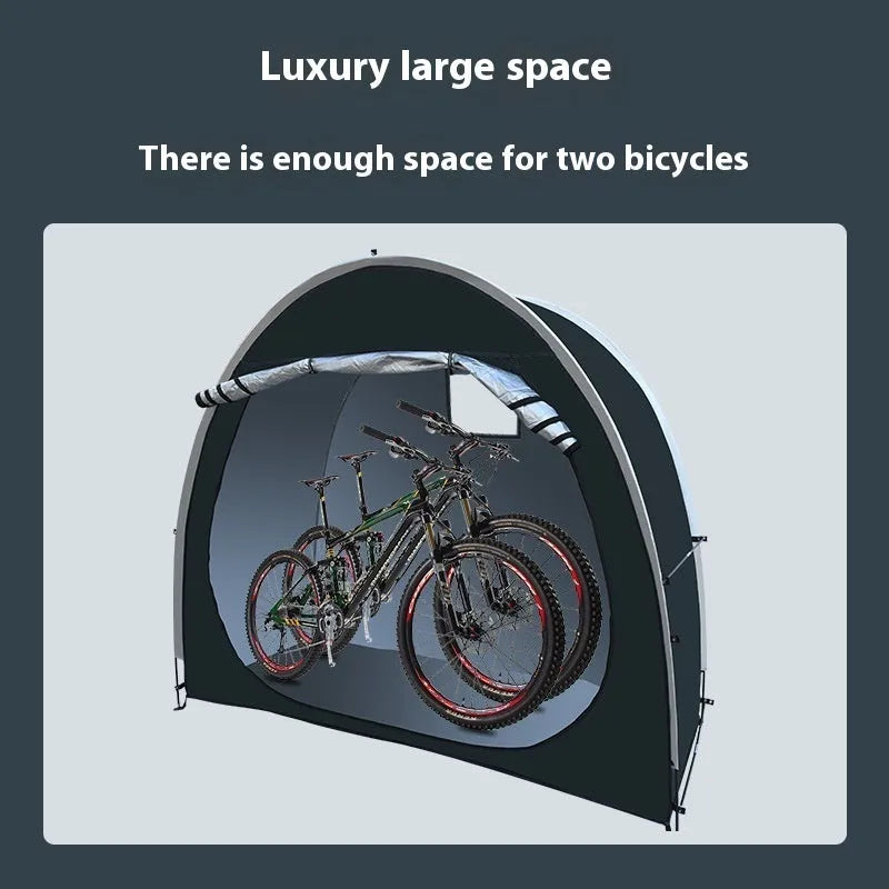 Large black outdoor bicycle storage tent showing roof design, suitable for 2-3 bikes.