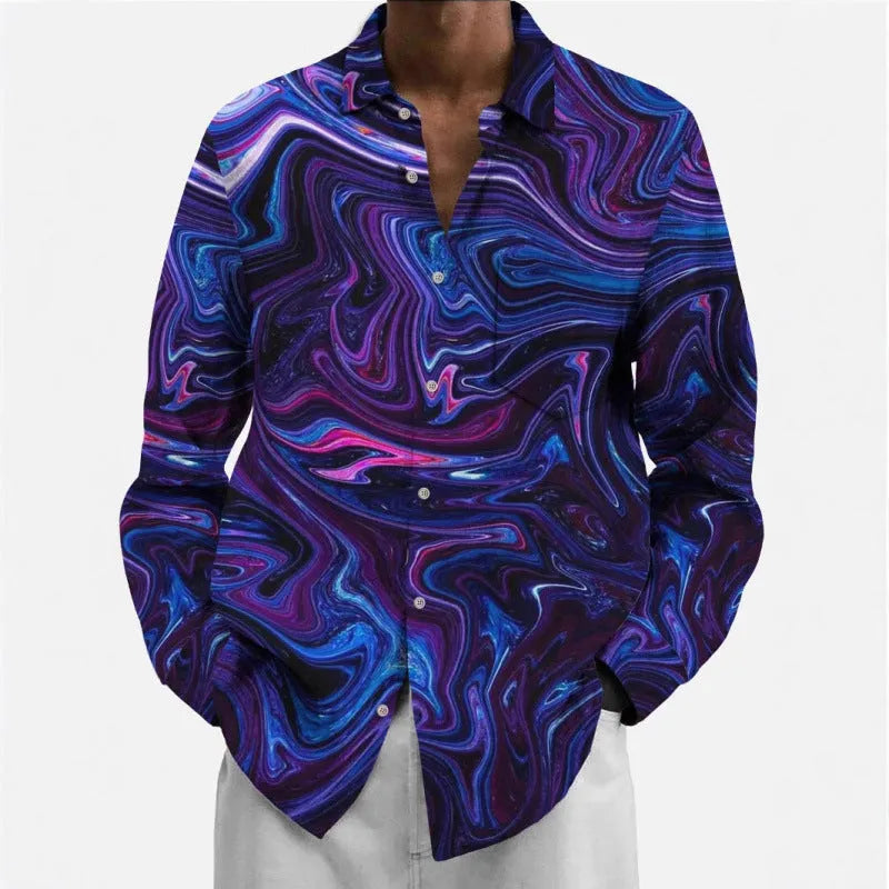 Men's multi-colour pattern long sleeve shirt in cardigan style with elastic polyester fabric