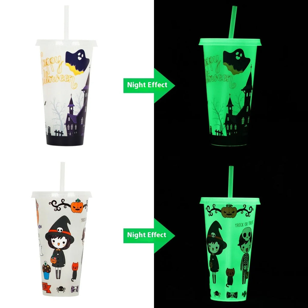Halloween-themed luminous plastic straw cup with a 720ml capacity on a white background.
