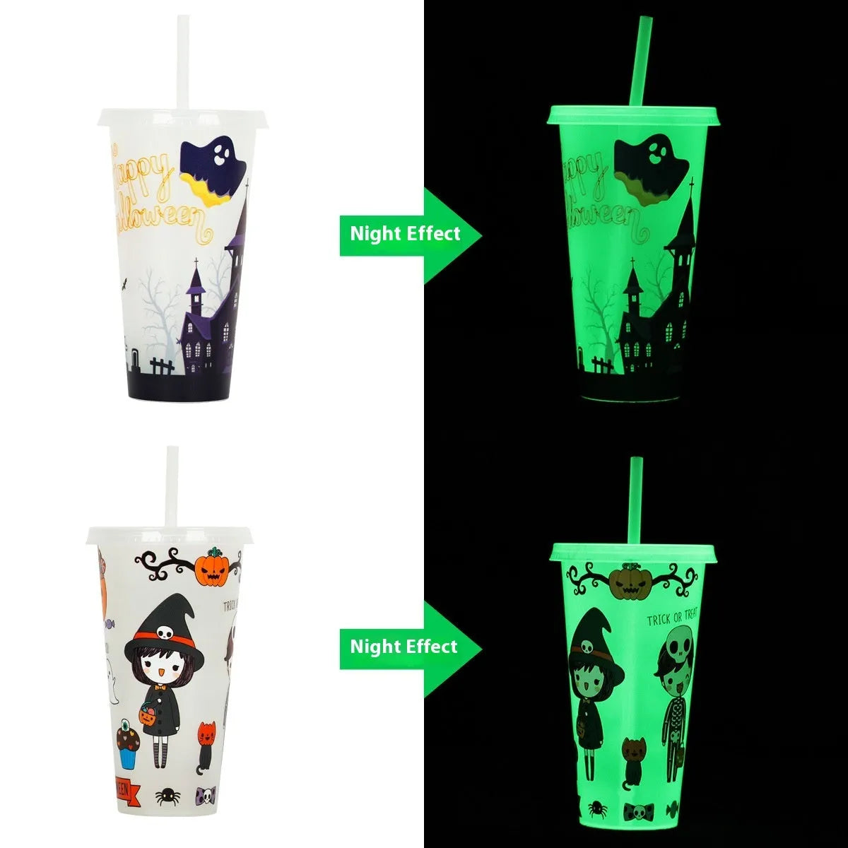 Halloween-themed luminous plastic straw cup with a 720ml capacity on a white background.