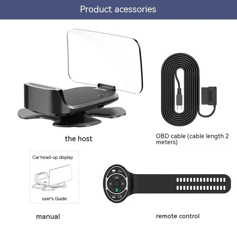 Black car HUD head-up display projector unit for OBD connection and windscreen projection.