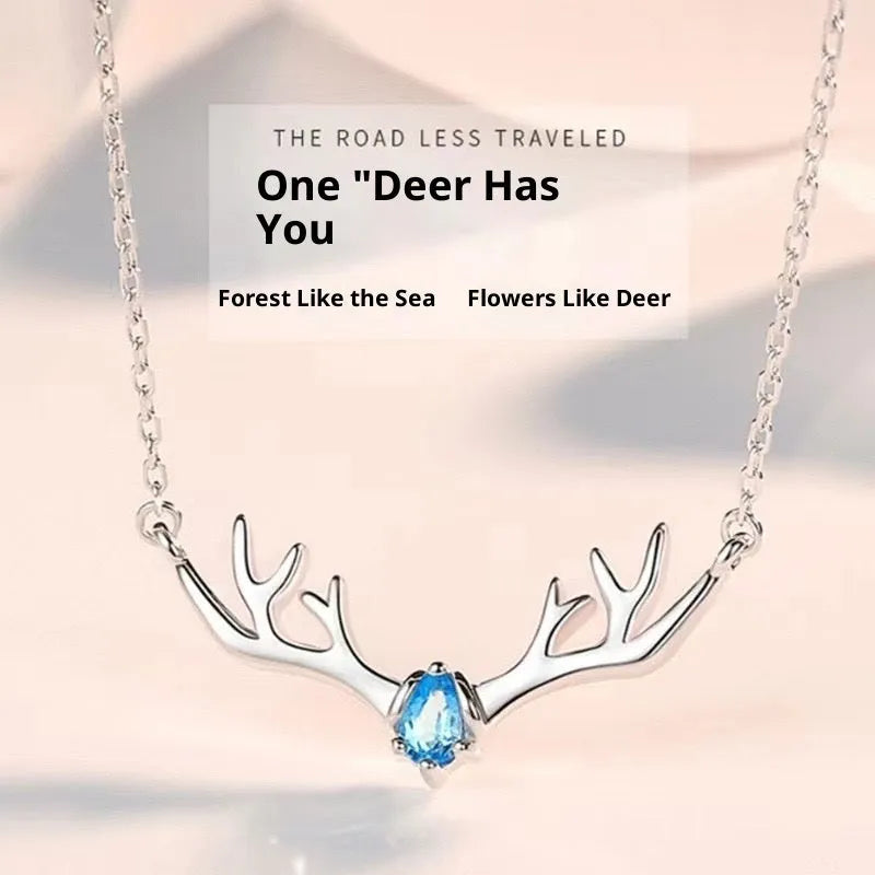 Women's Korean simple deer pendant necklace copper electroplated O-link chain adjustable 41-50cm blue stone finish