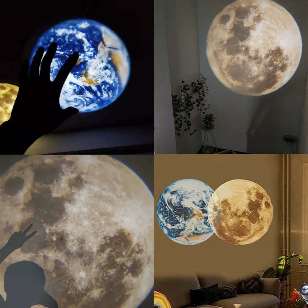 Adjustable Earth and Moon projection lamp with USB cable on a rotating hose bracket.