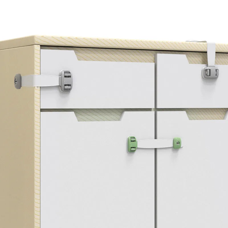 Grey and green adjustable strap child safety lock for cabinets and drawers with adhesive backing